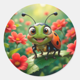 Adorable Cartoon Ladybug on a Leaf Classic Round Sticker