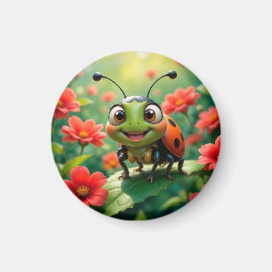 Adorable Cartoon Ladybug on a Leaf Magnet