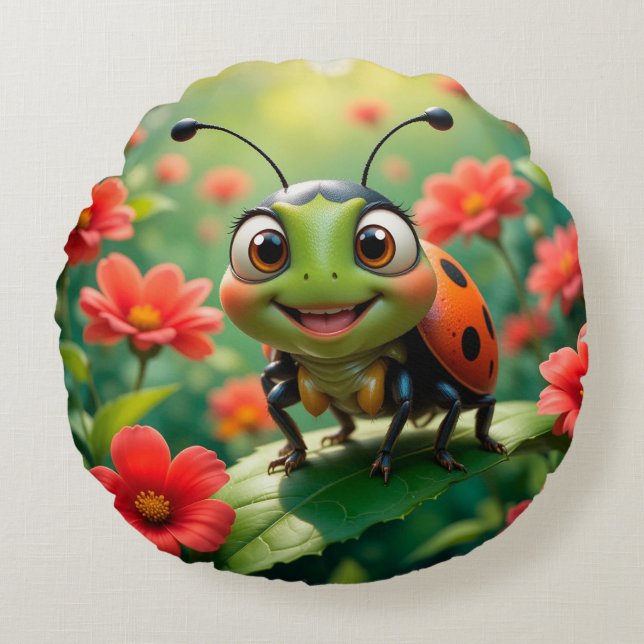 Adorable Cartoon Ladybug on a Leaf Round Cushion (Front)
