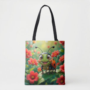 Adorable Cartoon Ladybug on a Leaf Tote Bag