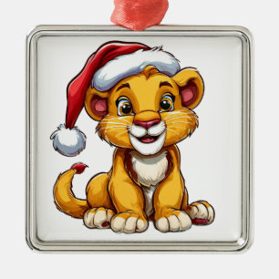 Adorable Cartoon Lion Cub Wearing a Santa Hat Metal Tree Decoration