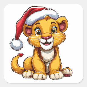 Adorable Cartoon Lion Cub Wearing a Santa Hat Square Sticker
