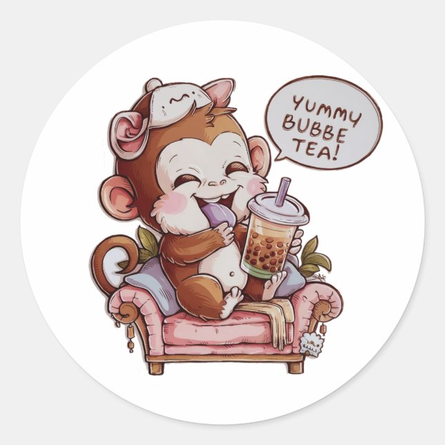 Adorable Cartoon Monkey: Cozy, Kawaii Vibes Classic Round Sticker (Front)