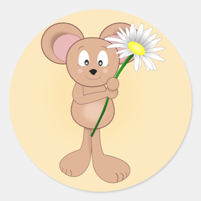 Adorable Cartoon Mouse with Flower Classic Round Sticker (Front)