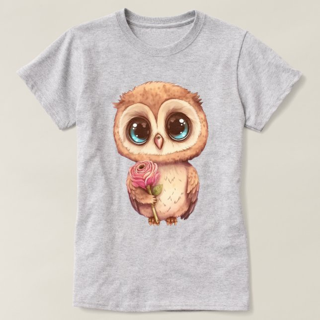 Adorable Cartoon Owl Holding Pink Rose  T-Shirt (Design Front)