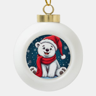 Adorable Cartoon Polar Bear in Santa Hat Ceramic Ball Christmas Ornament