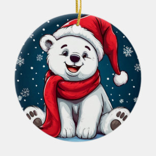 Adorable Cartoon Polar Bear in Santa Hat Ceramic Tree Decoration