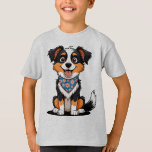 Adorable Cartoon Puppy With Floral Bandanna T-Shirt