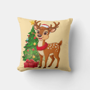 Adorable Cartoon Reindeer in Santa Hat Cushion