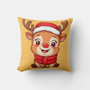 Adorable Cartoon Reindeer in Santa Hat Cushion