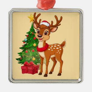 Adorable Cartoon Reindeer in Santa Hat Metal Tree Decoration