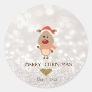 Adorable Cartoon Reindeer,Santa Hat,Glittery Bokeh Classic Round Sticker