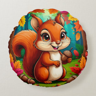 Adorable Cartoon Squirrel Character in Forest Round Cushion