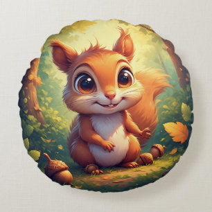Adorable Cartoon Squirrel Character in Forest Round Cushion