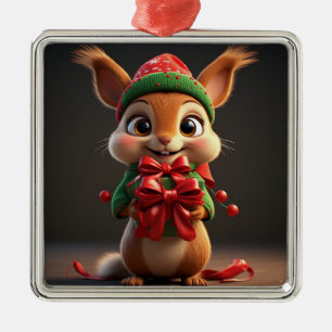 Adorable Cartoon Squirrel Holding a Festive Gift Metal Tree Decoration