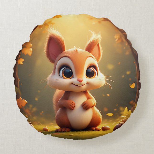 Adorable Cartoon Squirrel in a Forest Round Cushion (Front)