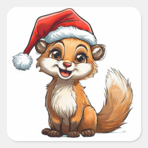 Adorable Cartoon Squirrel in Santa Hat  Square Sticker