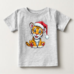 Adorable Cartoon Tiger Cub Wearing a Santa Hat Baby T-Shirt