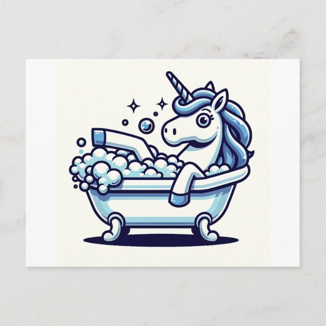 Adorable Cartoon Unicorn in a Bathtub Postcard (Front)