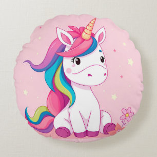 Adorable Cartoon Unicorn With Rainbow Mane Round Cushion