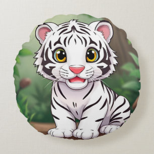 Adorable Cartoon White Tiger Cub Round Cushion