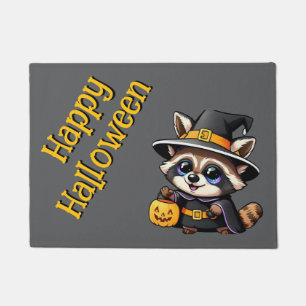 Adorable cartoon witch racoon doormat