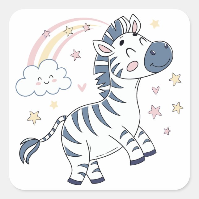 Adorable Cartoon Zebra with Rainbow and Stars |  Square Sticker (Front)