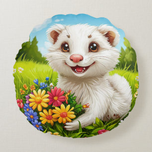 Adorable, cartoonish white ferret round cushion