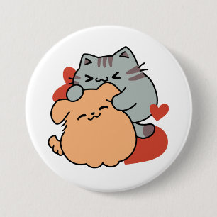 Adorable Cat and Dog Hug – Meow & Woof Design 7.5 Cm Round Badge