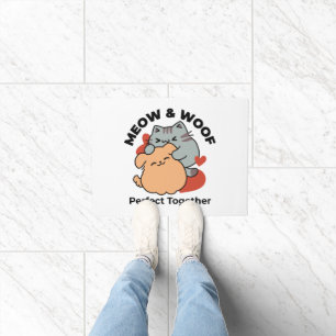 Adorable Cat and Dog Hug – Meow & Woof Design Doormat