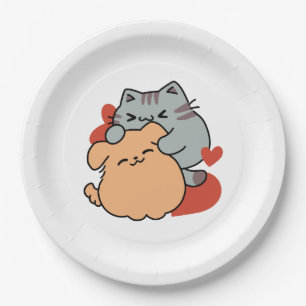 Adorable Cat and Dog Hug – Meow & Woof Design Paper Plate