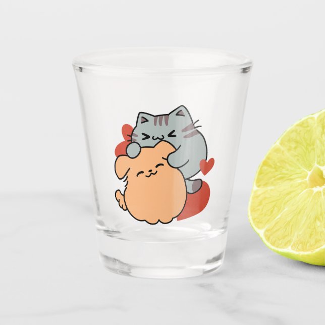 Adorable Cat and Dog Hug – Meow & Woof Design Shot Glass (Front)