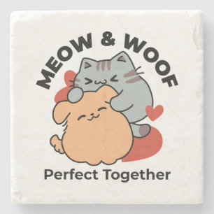 Adorable Cat and Dog Hug – Meow & Woof Design Stone Coaster
