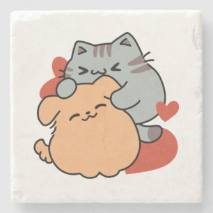Adorable Cat and Dog Hug – Meow & Woof Design Stone Coaster