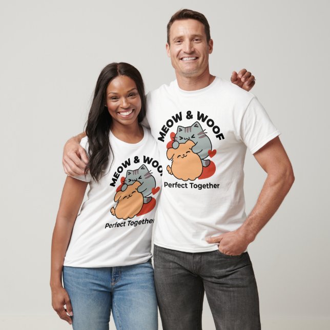 Adorable Cat and Dog Hug – Meow & Woof Design T-Shirt (Unisex)
