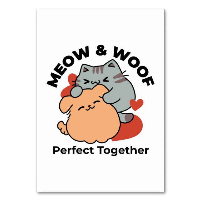 Adorable Cat and Dog Hug – Meow & Woof Design Table Number (Front)