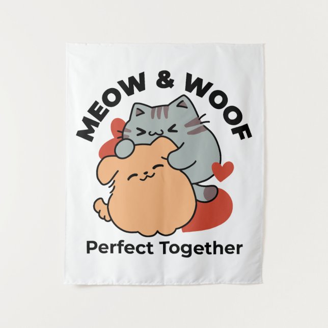 Adorable Cat and Dog Hug – Meow & Woof Design Tapestry (Front)