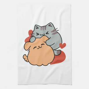 Adorable Cat and Dog Hug – Meow & Woof Design Tea Towel