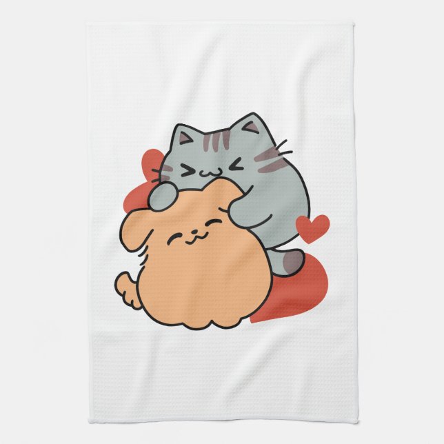 Adorable Cat and Dog Hug – Meow & Woof Design Tea Towel (Vertical)