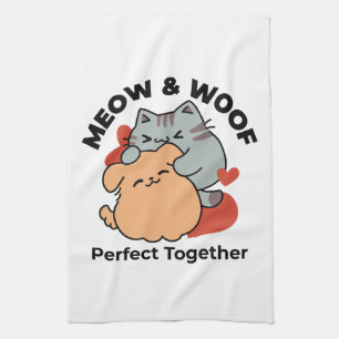 Adorable Cat and Dog Hug – Meow & Woof Design Tea Towel