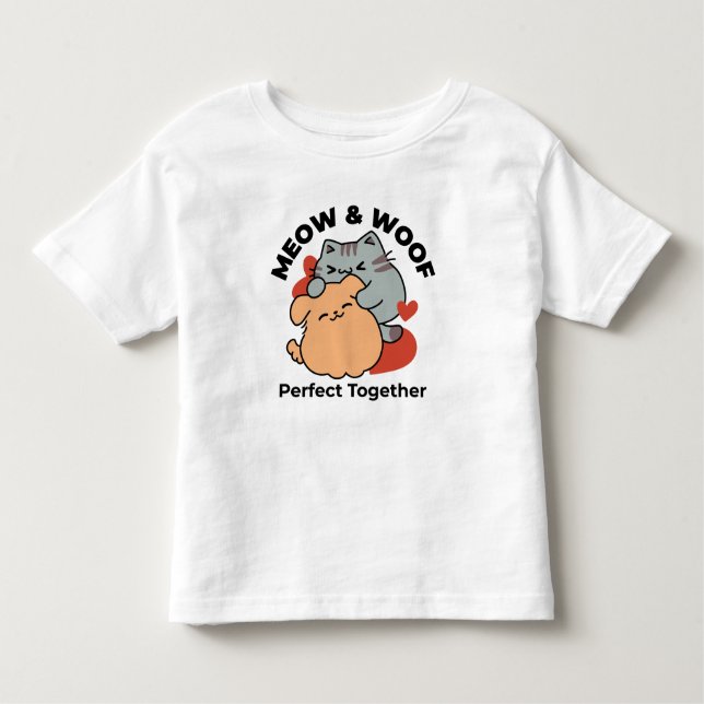 Adorable Cat and Dog Hug – Meow & Woof Design Toddler T-Shirt (Front)