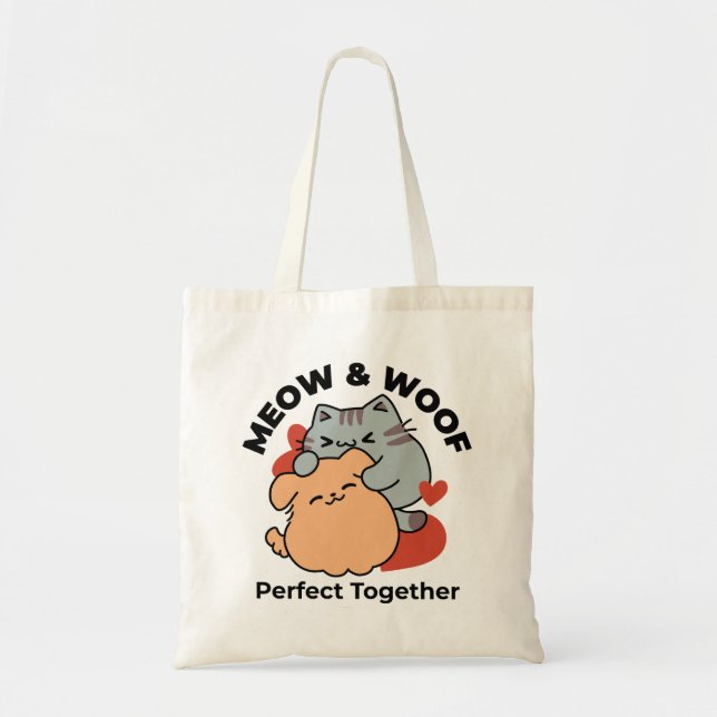 Adorable Cat and Dog Hug – Meow & Woof Design Tote Bag (Front)
