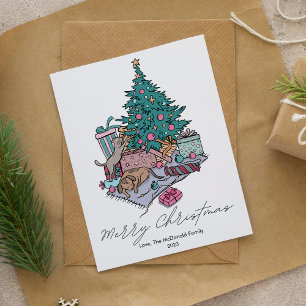 Adorable Cat and Dog Tree Pet Lover Christmas Flat Holiday Card