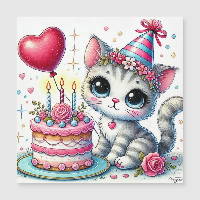 Adorable Cat Celebrating Birthday with Cake (Front)