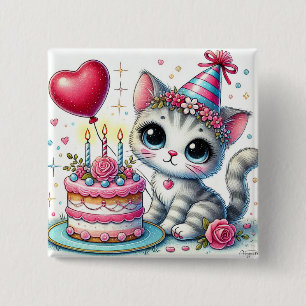 Adorable Cat Celebrating Birthday with Cake 15 Cm Square Badge