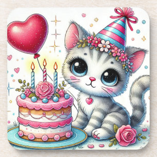 Adorable Cat Celebrating Birthday with Cake Coaster