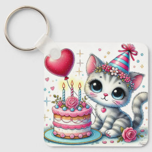 Adorable Cat Celebrating Birthday with Cake Key Ring