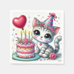 Adorable Cat Celebrating Birthday with Cake Napkin