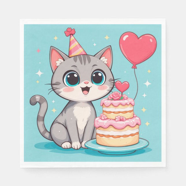 Adorable Cat Celebrating Birthday with Cake Napkin (Front)