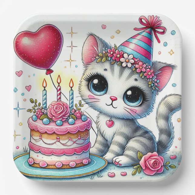 Adorable Cat Celebrating Birthday with Cake Paper Plate (Front)